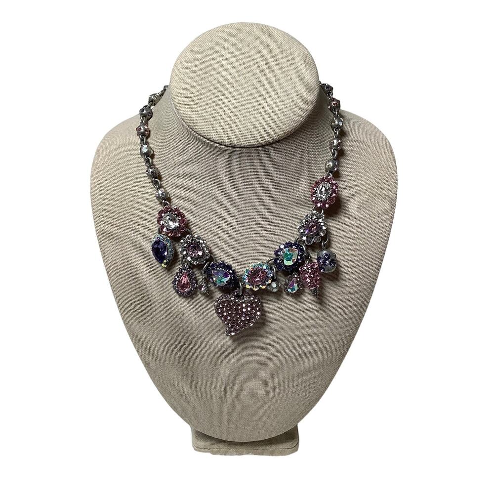 Rodrigo Otazu Pink Purple Swarovski Crystal Heart Charm Statement Necklace A5-46